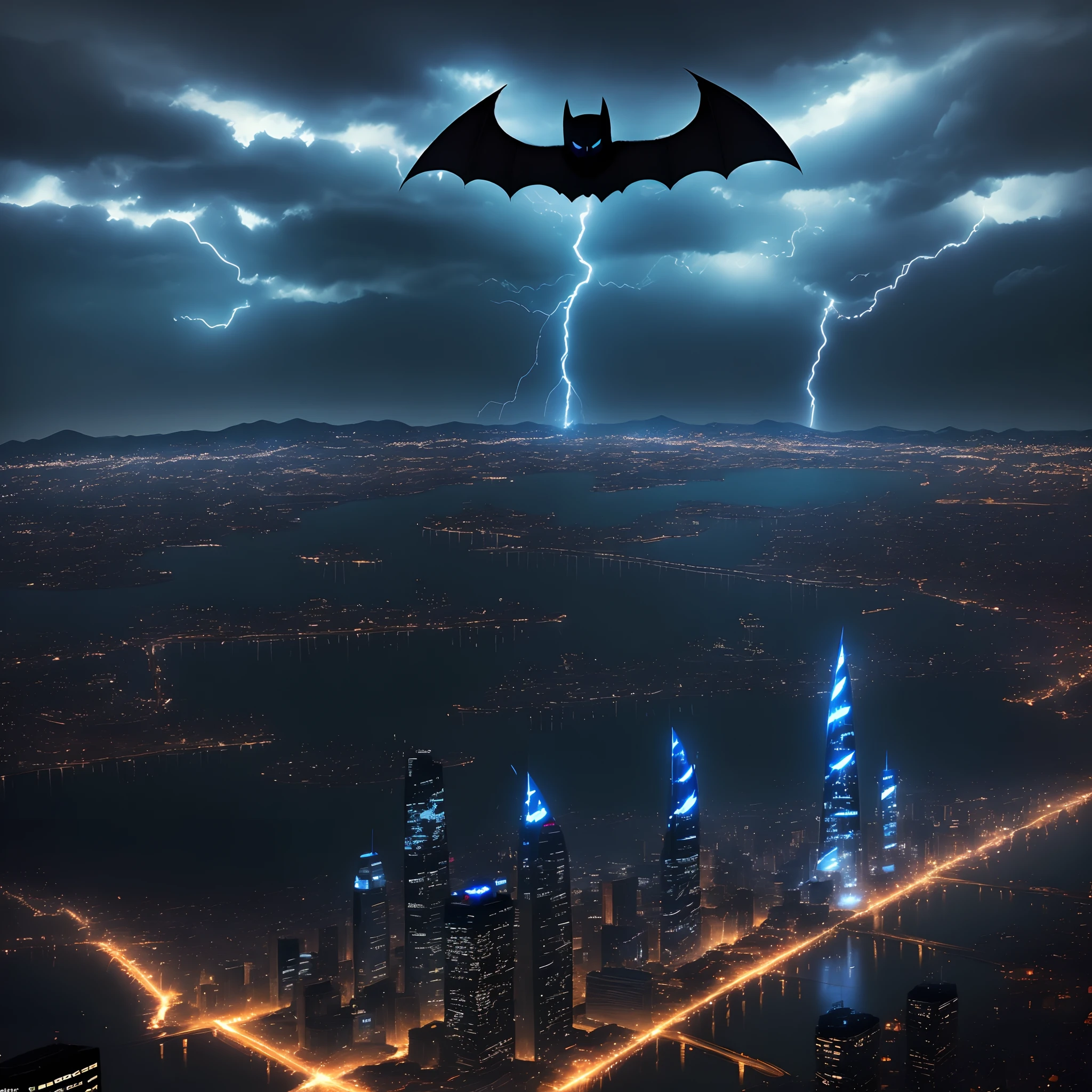 a dark blue sky with bats and batman in the sky with lightning the city lights below him