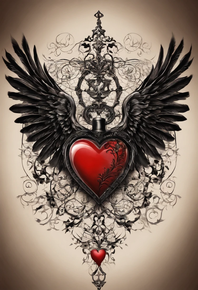 Black and red tattoo design with a winged heart and a punhl behind the broken heart vintage style in the 60's