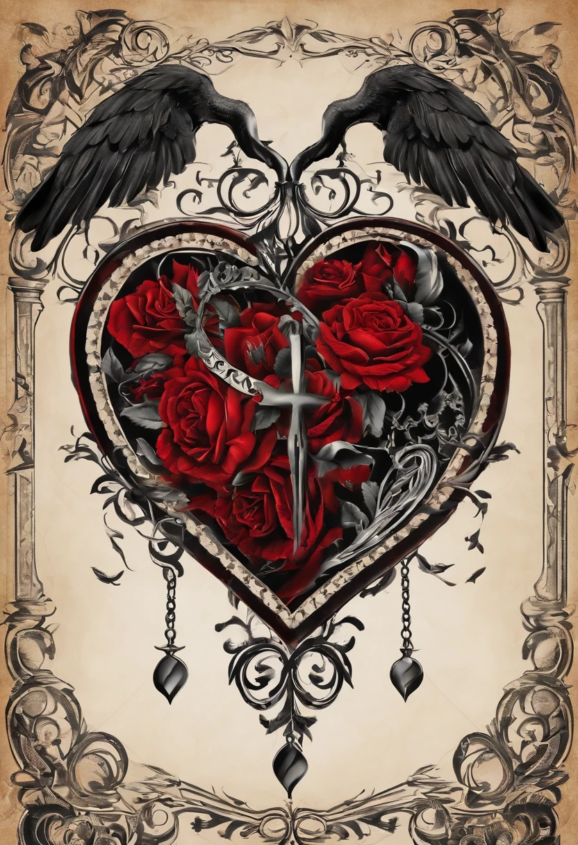 Black and red tattoo design with a winged heart and a punhl behind the broken heart vintage style in the 60's