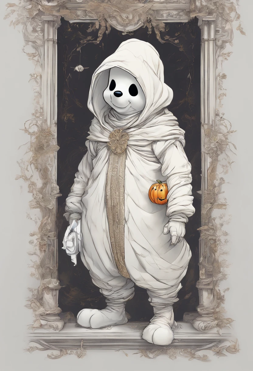 (Winne the pooh) dressed as a ghost, walking through a Halloween scene