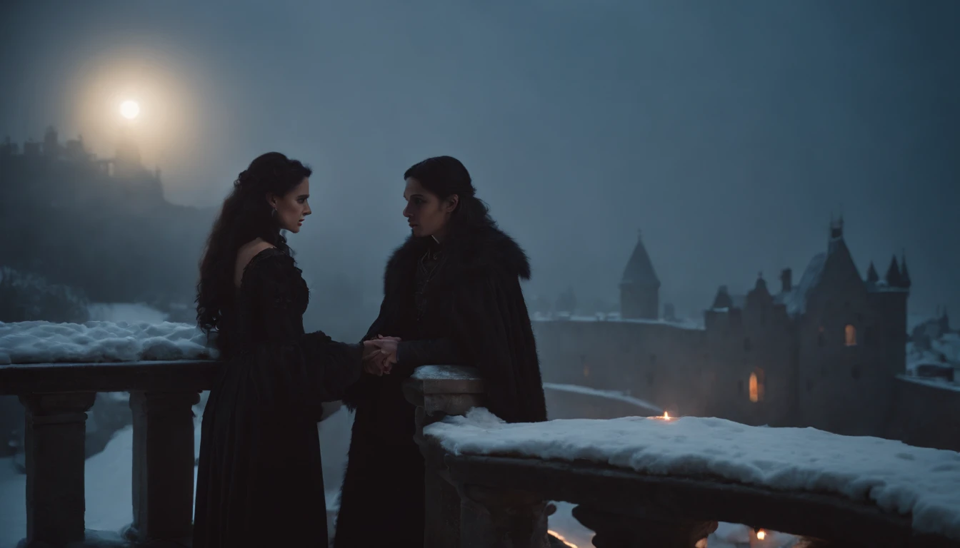 silhouette view, wide view, on a snowy castle balcony at midnight, in the shadows of a castle wall, two lovers make love, a young gypsy man with black hair and a young noble woman with long black hair and ivory skin, hidden by the darkness of the castle, night, moon rising, snow falling, cinematic, 8k, cinematic scene from film, gothic, eerie, mysterious