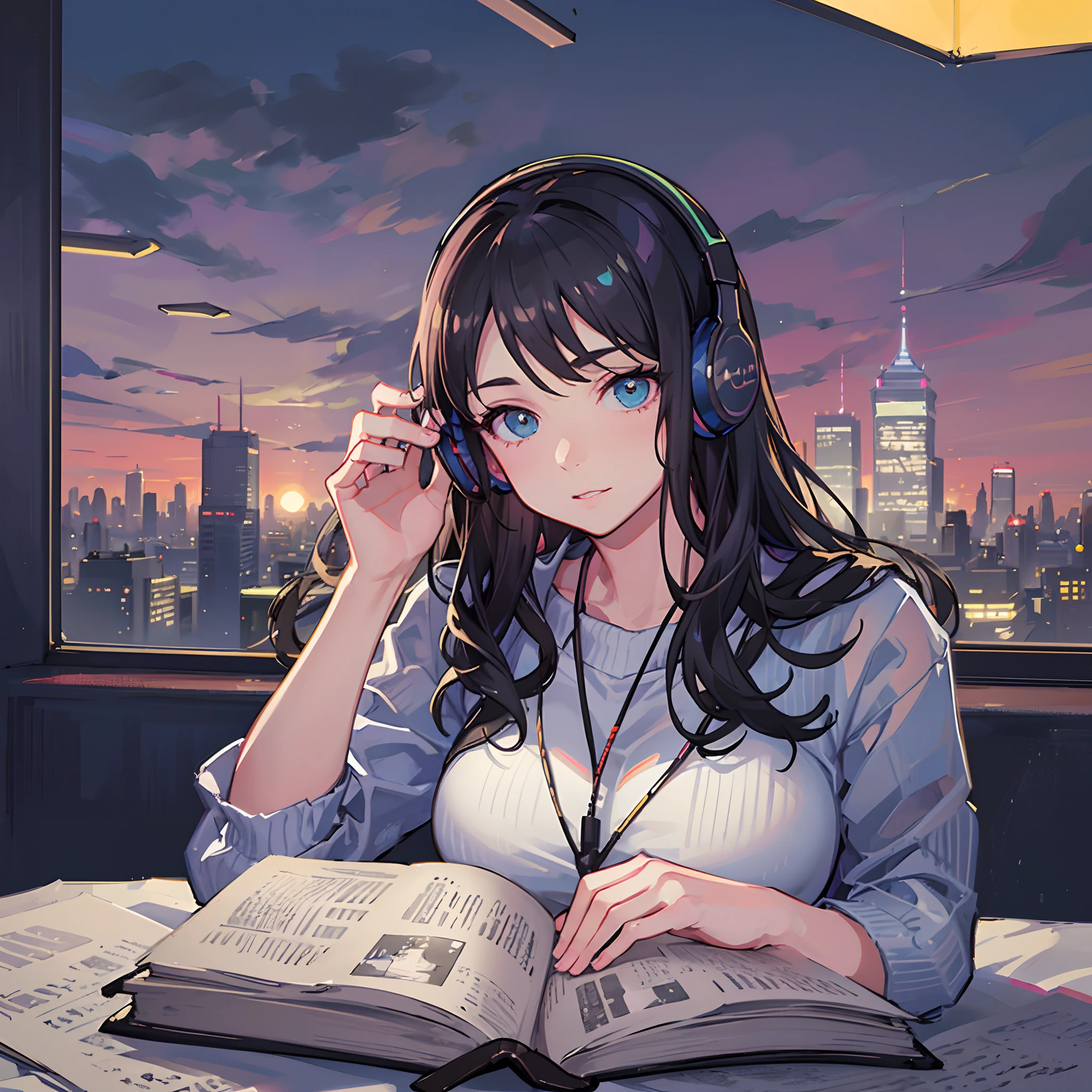 a a gorgeous woman reading a book in her bedroom with headphones, neon light study room, cityscape, luminous landscapes --auto --s2