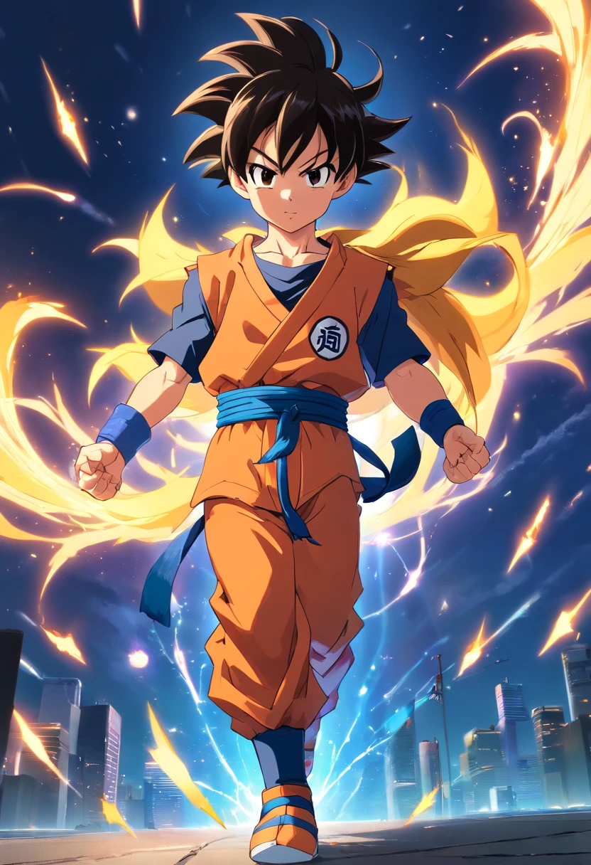  turned super Saiyan , com roupas do Goku ,  (( imagem sem deformidades )) , Scenario with destruction , Body with childish pattern , olhar fixo , melhor qualidade , best resolution , obra prima