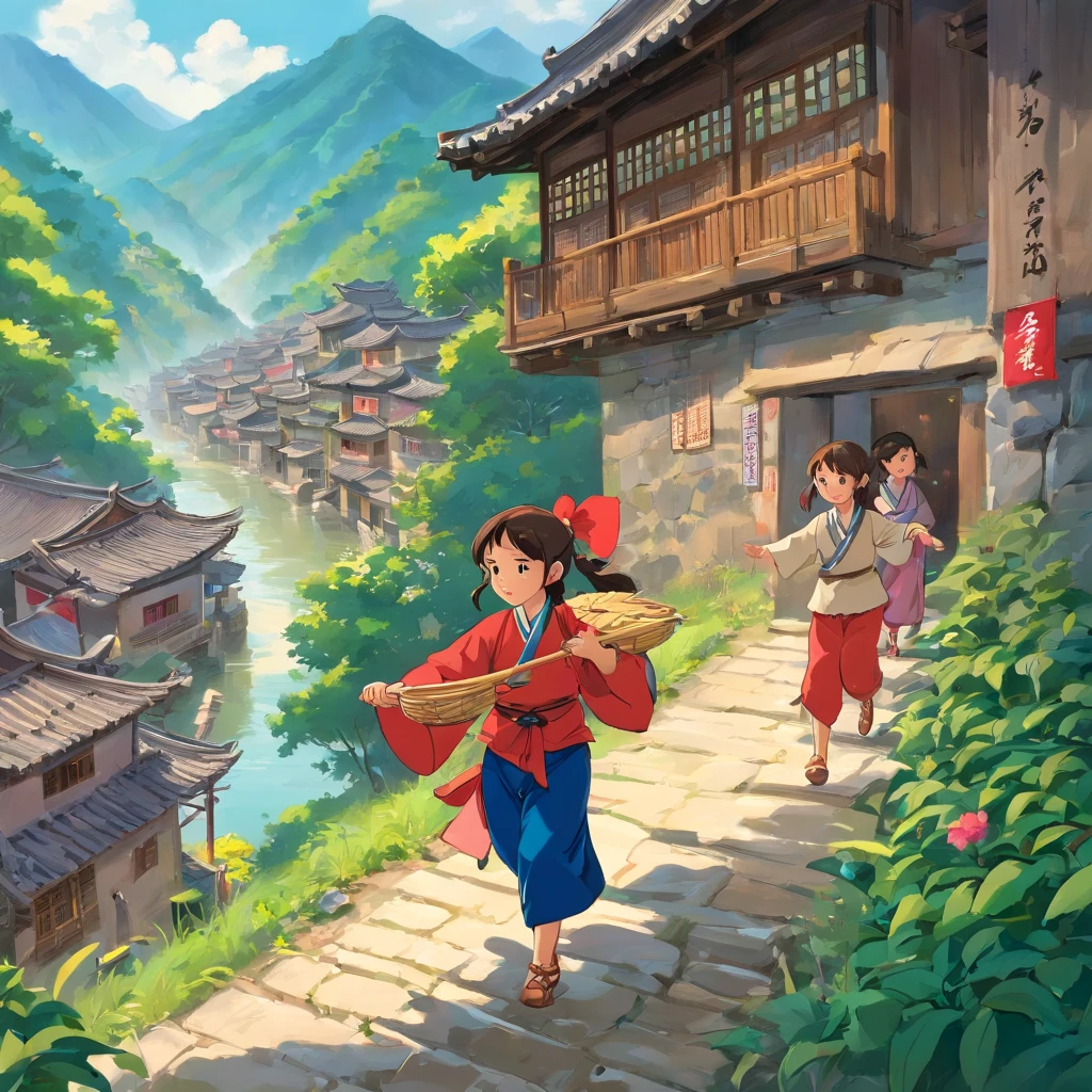 rural village background,Zhuang people,Sing mountain songs,Guangxi Mountain,a color,group of people,Girl,Zhuang costumes, Dance,Bamboo pole dance,Bamboo handicrafts,Bamboo pole dance,A group of ethnic groups with Guangxi Zhuang characteristics,Dance together,Fight monsters,Chase away the monsters,The flood is coming,Zhuang people,Go up the mountain and avoid the water for a day,The children of the village play in the mountains,Suddenly, There was a flash flood,The river rose。The village is in danger of being submerged。The children panicked,They are looking for a place to hide。That's right,The flower girl appeared,She told the children not to be afraid,Because she knows a magical place,You can take them to avoid disaster。