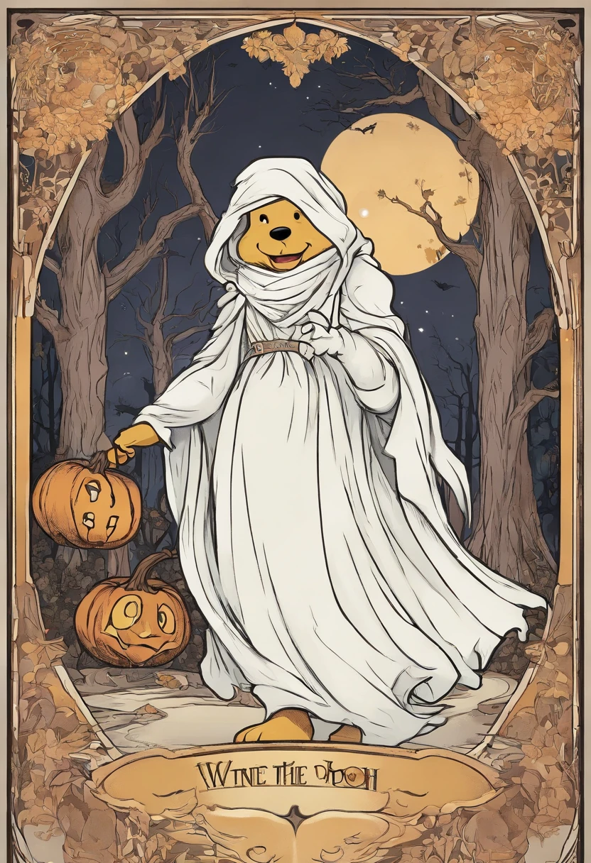 (Winne the pooh) dressed as a ghost, walking through a Halloween scene