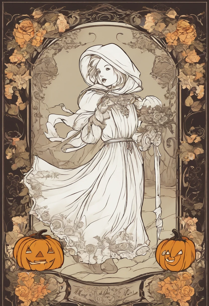 (Winne the pooh) dressed as a ghost, walking through a Halloween scene
