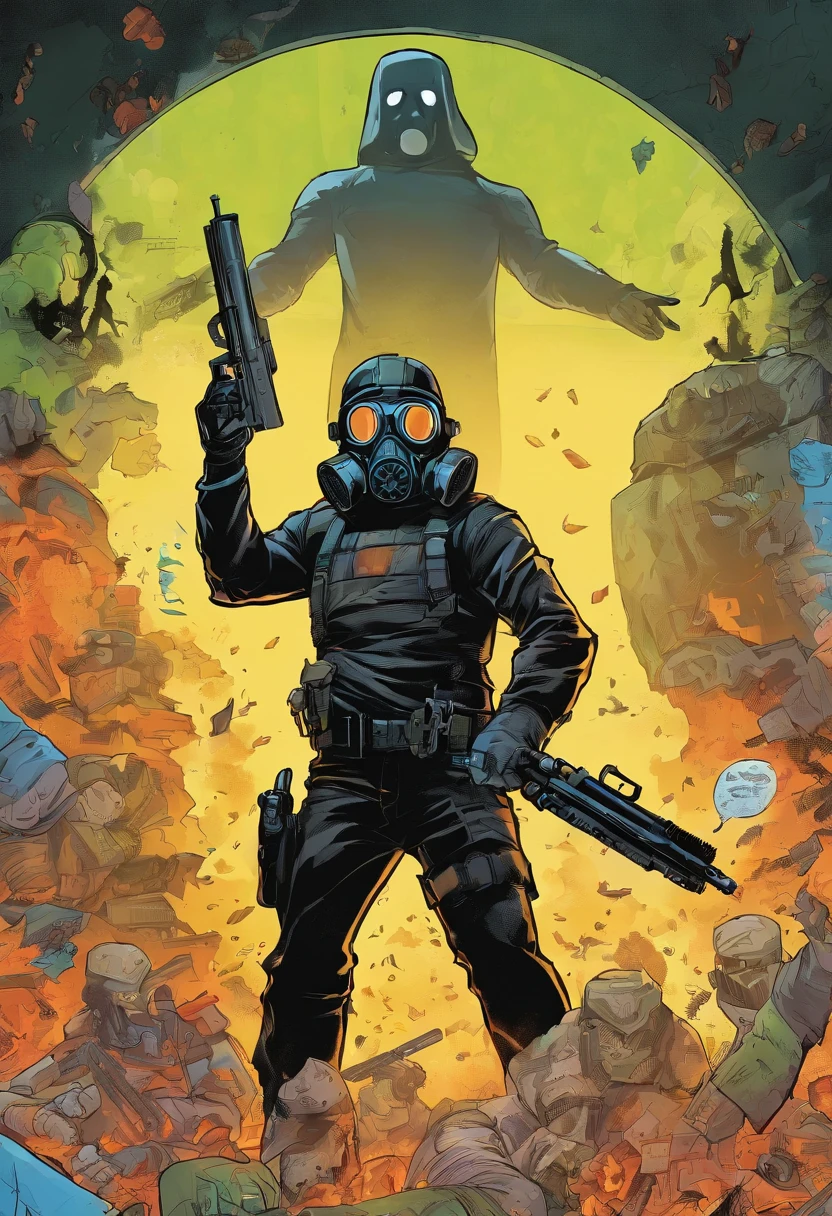 Man with black shirt, black pants with gun holsters, gloves, a black gas mask with one sided filter, helmet, no face, comes out of the fog