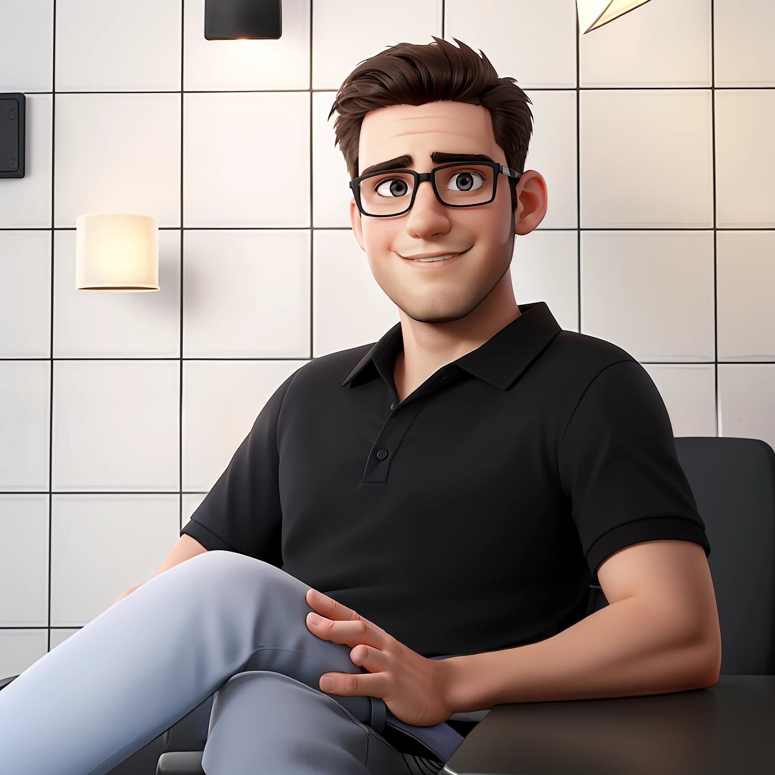 There's a young man with a handsome face and straight brown hair and brown eyes in a gamer room, a thoughtful, thoughtful expression on a pretty face, comprido e quadrado, dressed in a simple black shirt and black military cargo style pants. Disney, poste disney, Pixar, post pixar.