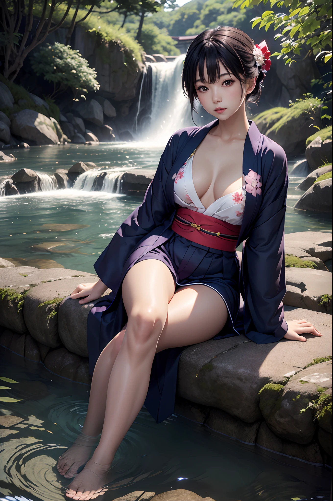 surrealism, Anatomically correct, masutepiece, Textured skin, Super detail, High details, Best quality, awardwinning, A high resolution, Alafinn woman in yukata playing in river water of 8k waterfall, classy yukata clothing, pale and coloured kimono, bath robe, Japanese kimono, Unofficial summer kimono, red kimono with flower patterns, in a kimono, komono, Wearing a kimono, classic kimono, flowing sakura silk、((small tits,Thin leg,skinny thigh)),Slim figure,extremely detailed eye and face、beatiful detailed eyes,Realistic High School Girl,Cool scenery,Cute little girl s,Beautiful skins,finedetail
