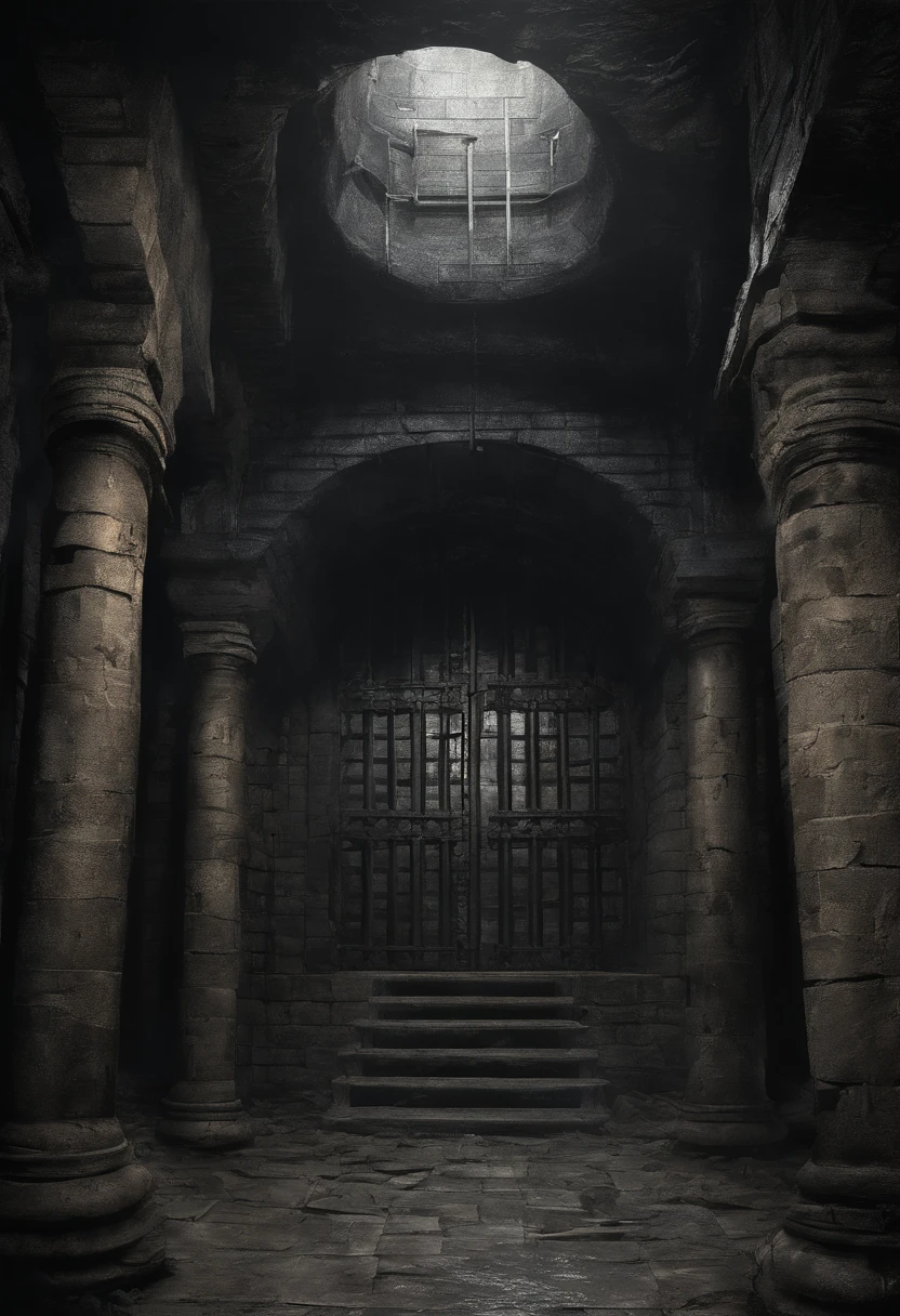 ((Underground stone chamber with iron metal prison cells)), Wet walls, Wall leaks, (((elvish, dogy, and Oni)))