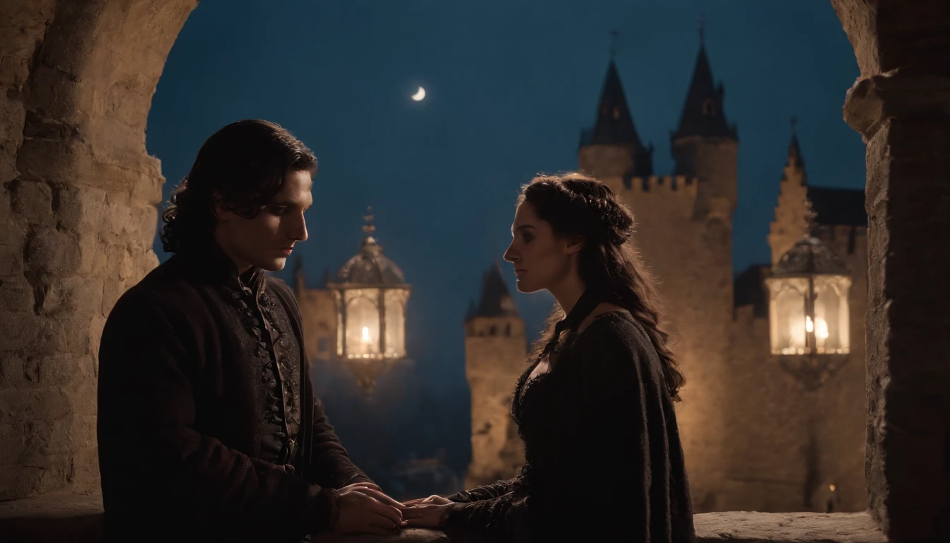 silhouette view, wide view, on a snowy castle balcony at midnight, in the shadows of a castle wall, two lovers make love, a young gypsy man with black hair and a young noble woman with long black hair and ivory skin, hidden by the darkness of the castle, night, moon rising, snow falling, cinematic, 8k, cinematic scene from film, gothic, eerie, mysterious