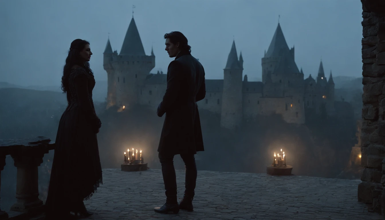 silhouette view, wide view, on a snowy castle balcony at midnight, in the shadows of a castle wall, two lovers make love, a young gypsy man with black hair and a young noble woman with long black hair and ivory skin, hidden by the darkness of the castle, night, moon rising, snow falling, cinematic, 8k, cinematic scene from film, gothic, eerie, mysterious