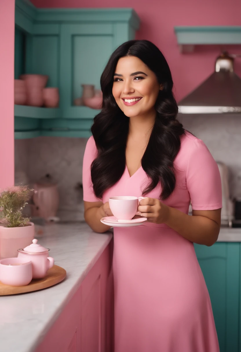 A 30-year-old woman, a little chubby, with long black hair, round face, charming smile, and black eyes, pink kitchen, pink walls, wearing a pink dress, holding a pink cup of coffee