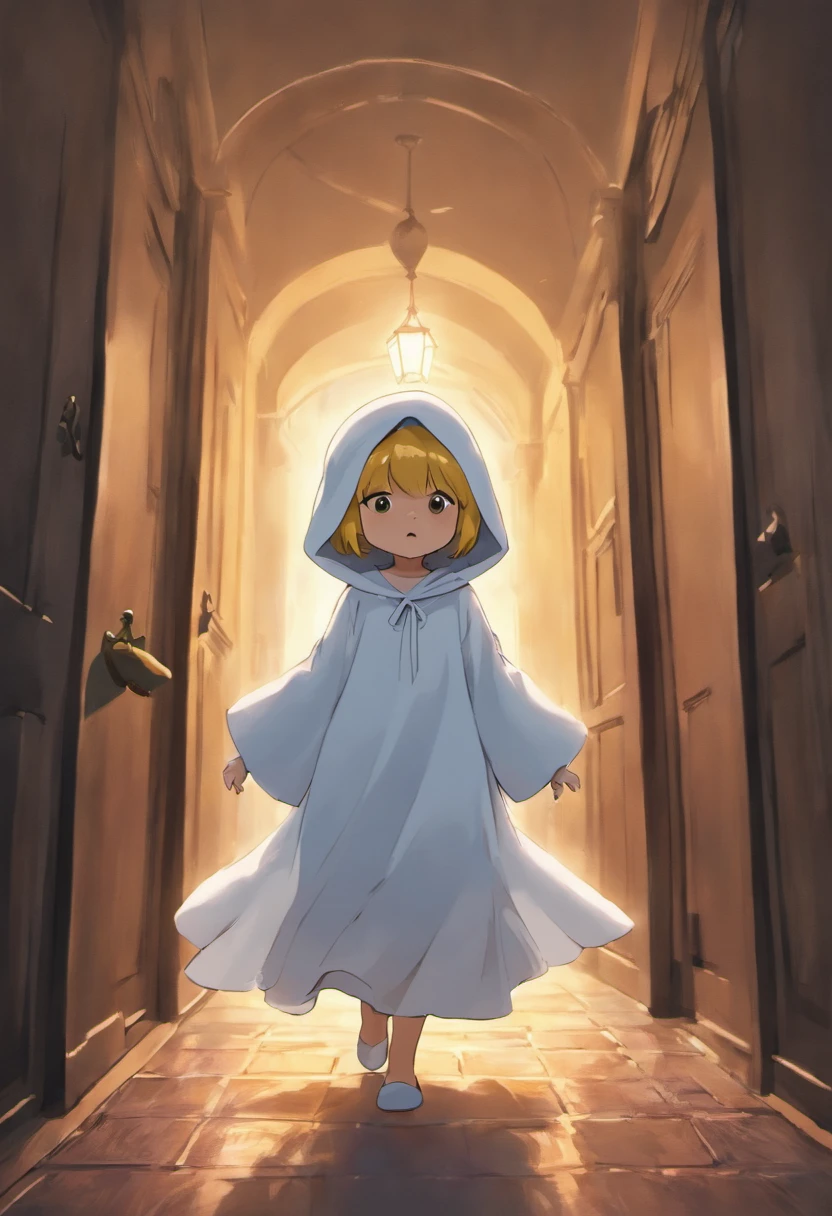 (Winne the pooh) dressed as a ghost, walking through a Halloween scene