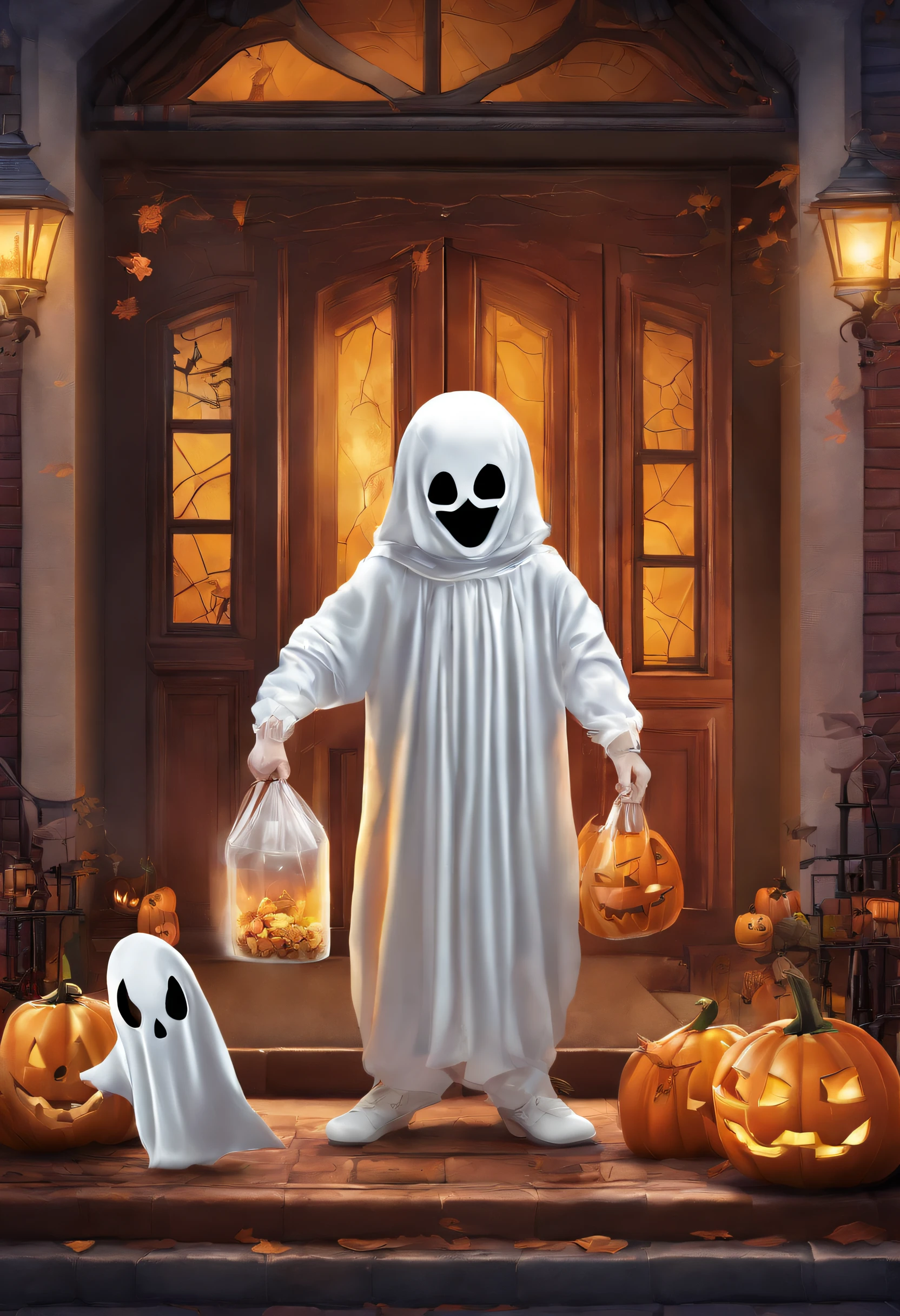 Masterpiece、top-quality、Photorealsitic、A hyper-realistic、Halloween illustration、When I opened the front door, I dressed up as a ghost３A group of children holding out one hand in front of them and asking for sweets、Tricker Treats
