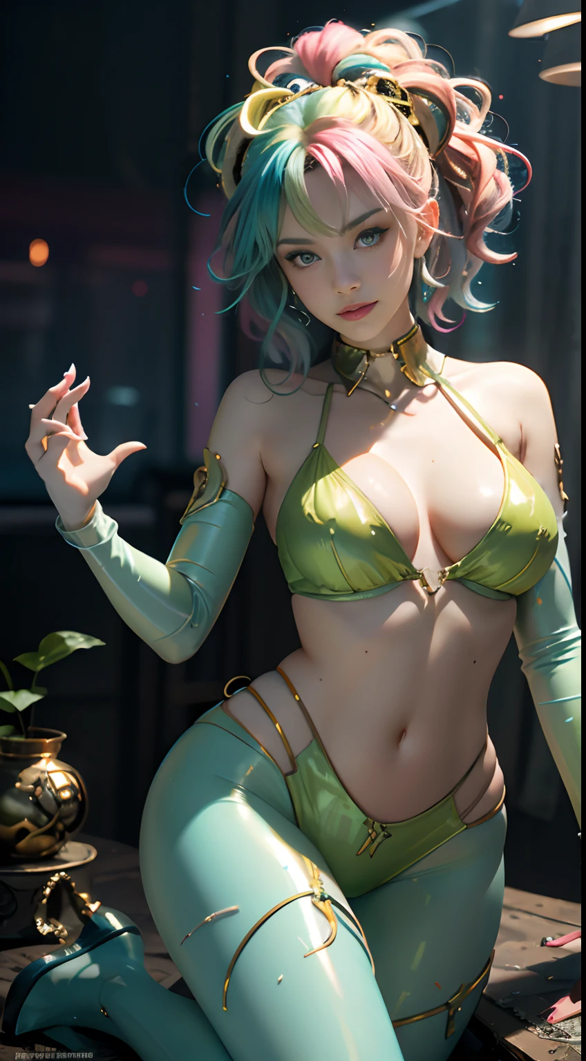 unreal-engine:1.4,hyper HD,Best quality:1.4, Fotorrealista:1.4, skin texture:1.4, tmasterpiece:1.8,tmasterpiece, Better quality, 1girll, Girl Ives, Mecha, beautiful light up, (Neon light: 1.2), (natta: 1.5), "tmasterpiece, Better quality, 1girll, full-body portraits, Sexy pose, eBlue eyes, O cabelo multicolorido+amarelo:1.3+green:1.3, Carved legs and attractive curves, Full Tits,Bikini, beautiful  face, many drops of water, ​​clouds, at twilight, open plan, aquarelle, Neon light:1.2, natta:1.5, Mecha, beautiful light up, bright neon: 1.2, An unforgettable night of mystery: 1.5",(The detailed hand:1.4),