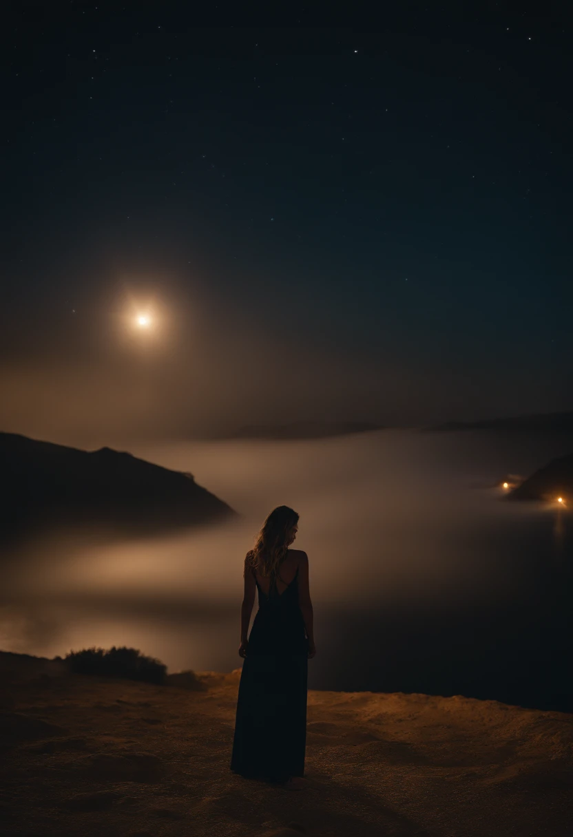 night sky, castelo,  1girl, Standing, sozinho, corpo inteiro, , Maribe, mangas curtas inchadas,  cabo, saco