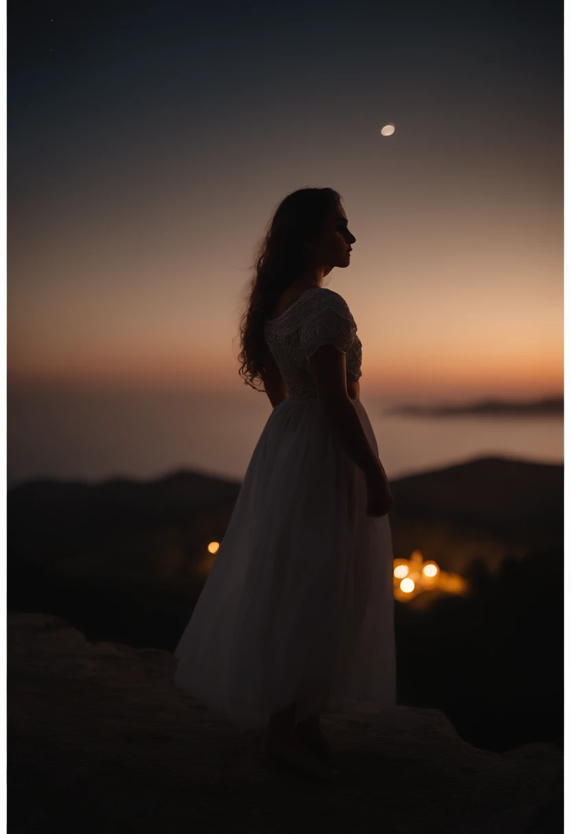 night sky, castelo, 1girl, Standing, sozinho, corpo inteiro, , Maribe, mangas curtas inchadas, cabo, saco