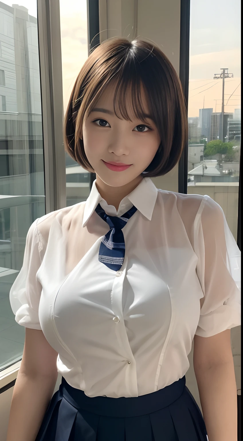 masutepiece, Best Quality, Illustration, Ultra-detailed, finely detail, hight resolution, 8K Wallpaper, Perfect dynamic composition, Beautiful detailed eyes, Ribon tie, High School Uniform, frilled miniskirt, Very short bob hair, (huge-breasted:1.3), Bold sexy poses, Smile, School, a 18 year old girl, (Cute 1.3), Sexy shot looking at camera, Sunset, by the window, (Sheer clothes:1.2)