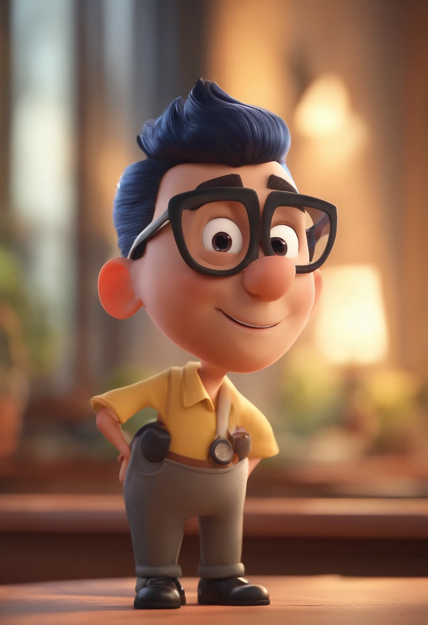 Cartoon character of a man with black glasses and a blue shirt, animation character, Caractere estilizado, animation style rendering, 3D estilizado, Arnold Maya render, 3 d render stylized, toon render keyshot, Personagem 3D, Personagem 3D, 3d rendering stylized, 3 d character render, personagem de desenho animado, Personagem de close up, Pose de personagem,  (Estilo Pixar) (master part:1.2) (Bokeh) (best quality) (pele detalhada) (textura detalhada) (8k) (argila) (Cinematic lighting) (foco nítido