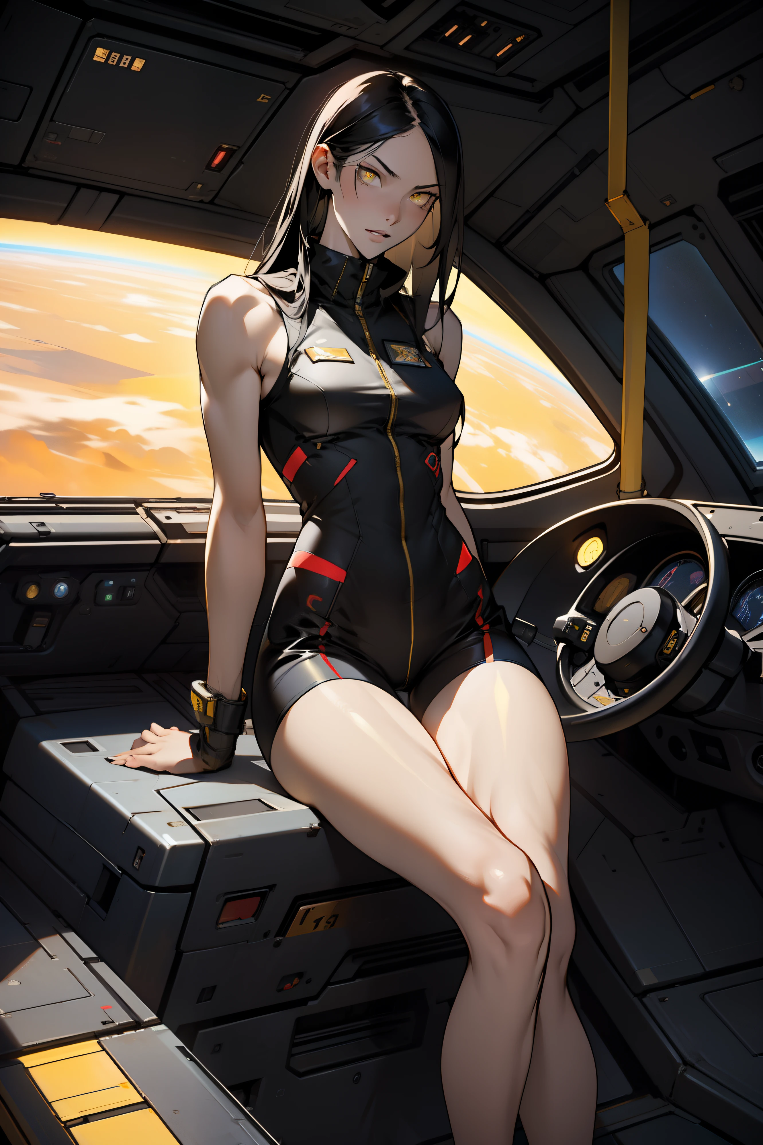 1 girl, black hair, yellow eyes, very long hair, pale skin, fit body, slender body, slim waist, large breasts, (confident expression), pilot suit, thigh gap, bare thighs, sleeveless, show bare legs, fit thighs, sitting in a cockpit of a spacecraft, view from the floor