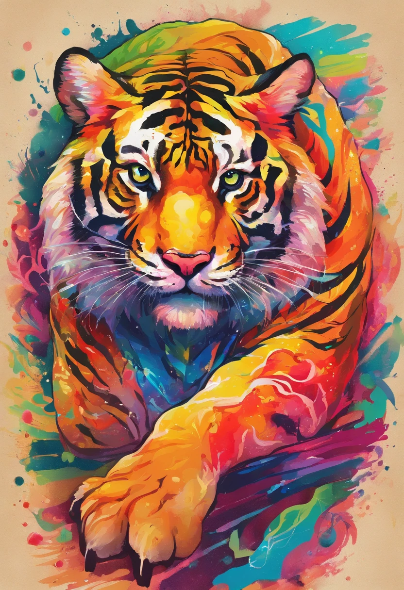 High quality, masutepiece, watercolor paiting, Cleaning technology, Colorful, Paint dripping and scattered, Paintings like Agnes Cecil, Blurry, Pale touch, Dirty outlines, Like in a fairy tale, Young man listening to music with headphones, This is a design with the theme of a powerful and rainbow-colored tiger. The tiger strikes a strong and imposing pose, adorned with a rainbow-hued pattern on its body. The dark background and the play of light and shadow emphasize the tiger's strength. The sharp eyes of the tiger convey a sense of power to the viewer, and the rainbow-colored pattern shines. It's a work that expresses the beauty of a powerful tiger.