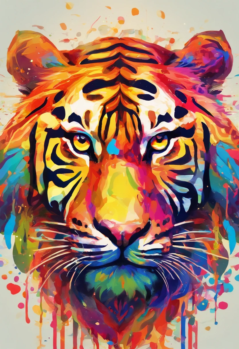High quality, masutepiece, watercolor paiting, Cleaning technology, Colorful, Paint dripping and scattered, Paintings like Agnes Cecil, Blurry, Pale touch, Dirty outlines, Like in a fairy tale, Young man listening to music with headphones, This is a design with the theme of a powerful and rainbow-colored tiger. The tiger strikes a strong and imposing pose, adorned with a rainbow-hued pattern on its body. The dark background and the play of light and shadow emphasize the tiger's strength. The sharp eyes of the tiger convey a sense of power to the viewer, and the rainbow-colored pattern shines. It's a work that expresses the beauty of a powerful tiger.