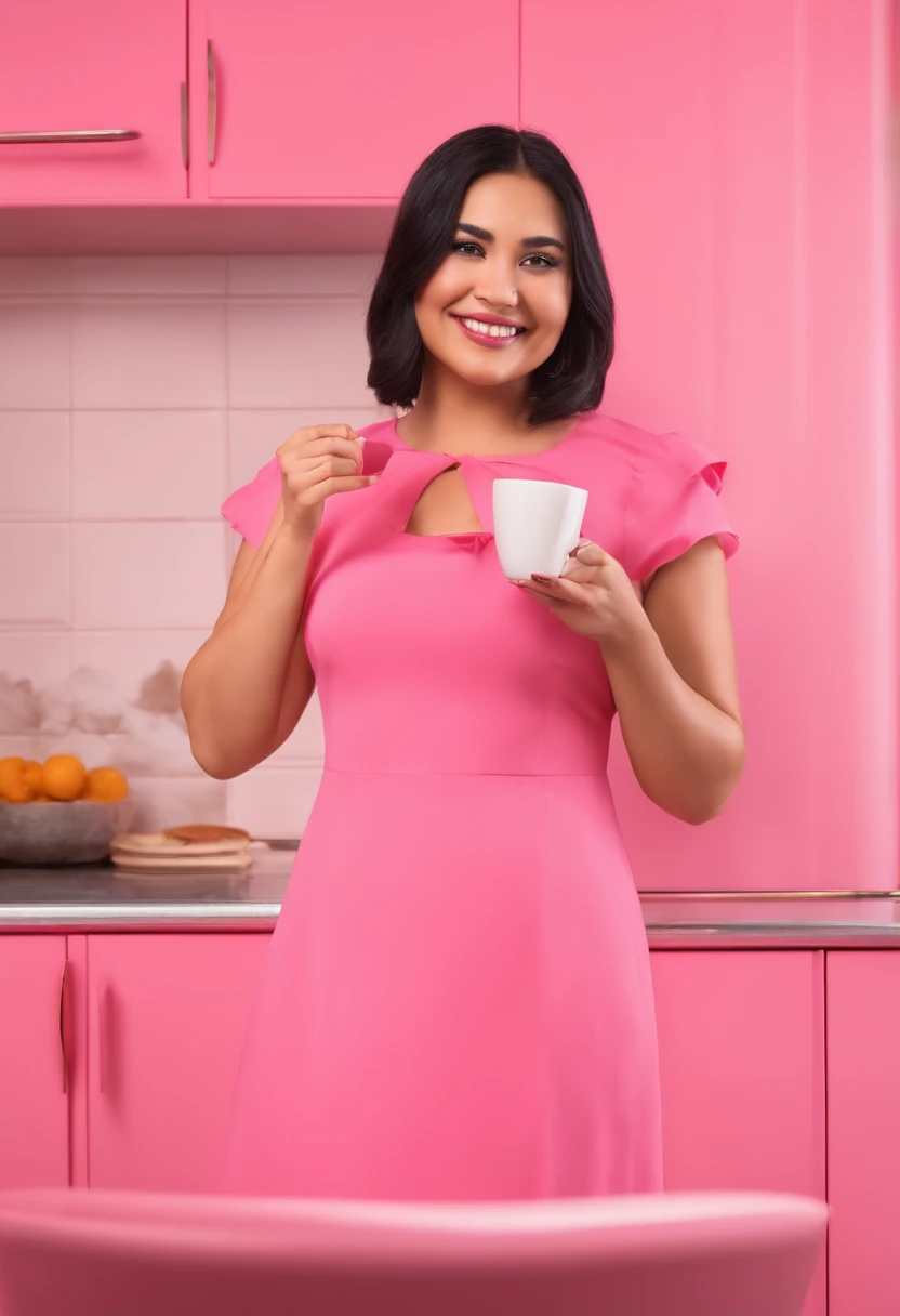 A 30-year-old woman, a little chubby, with long black hair, round face, charming smile, and black eyes, pink kitchen, pink walls, wearing a pink dress, holding a pink cup of coffee