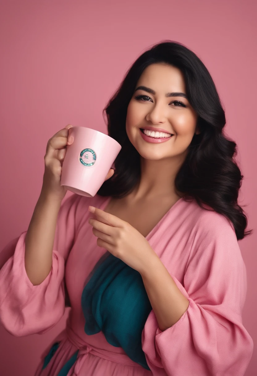 A 30-year-old woman, a little chubby, with long black hair, round face, charming smile, and black eyes, pink kitchen, pink walls, wearing a pink dress, holding a pink cup of coffee