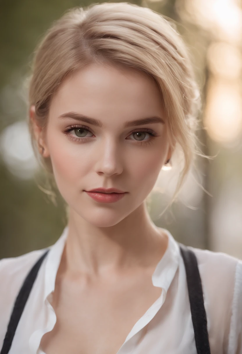 professional, (4k photo:1.1) by (Jeremy Lipking:0.3), (Dittmann Anna:0.3), (Arian Mark:0.3), (Sharp focus:1.3), high detail, wearing (tight shirt:1.2), beautiful detailed face, hazel eyes, short blonde hair, (attractive young woman:1.3), (seductive:1.1), (blushing:1.1), hourglass body shape, natural breasts, wide hips