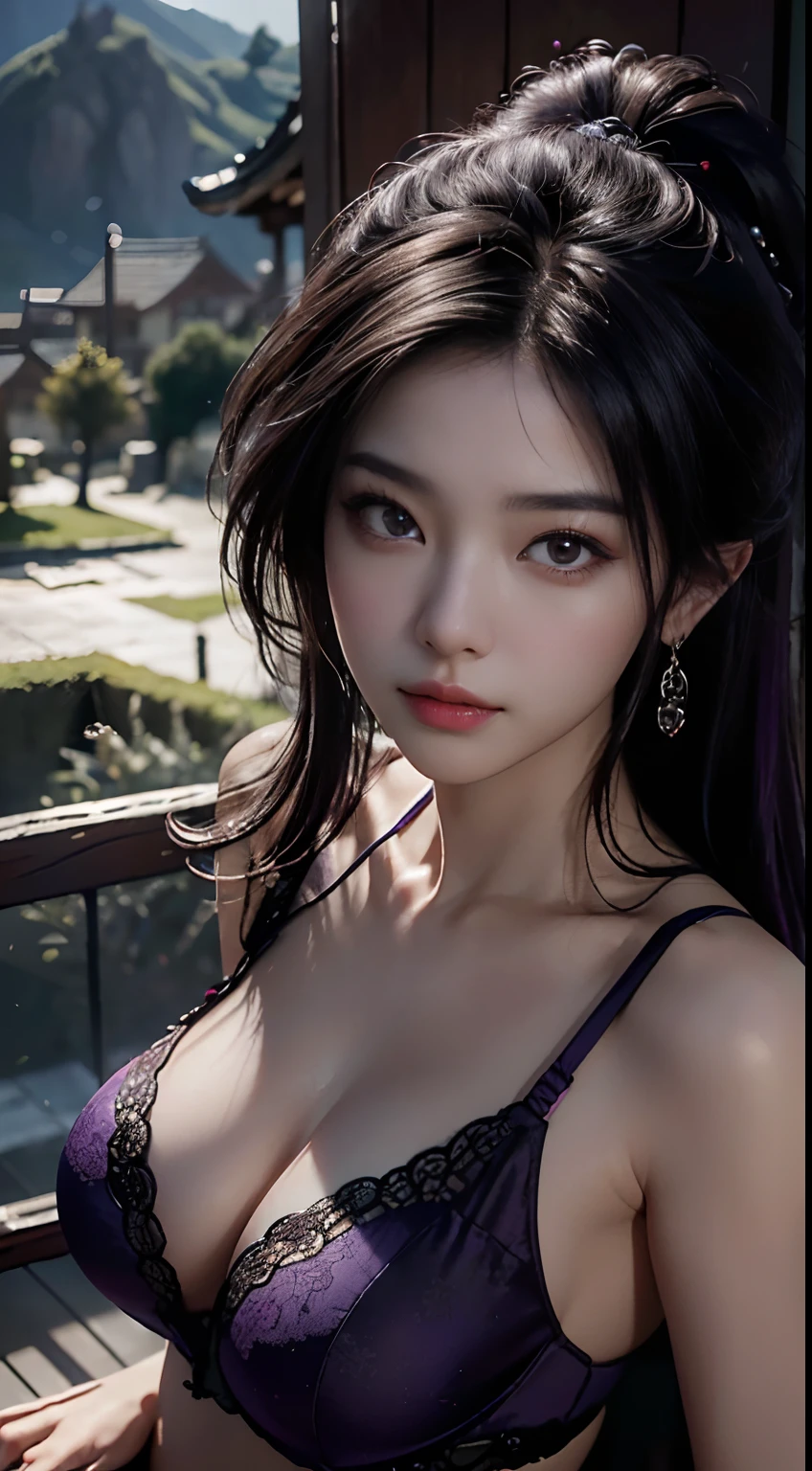 Best quality, (RAW photo: 1.2), (Masterpiece: 1.4), (Realistic: 1.4), (High resolution: 1.4), Chinese actress Guli Naza, depth of field, intricate details, 8k, very detailed, perfect lighting, epic background, underwear, purple hair