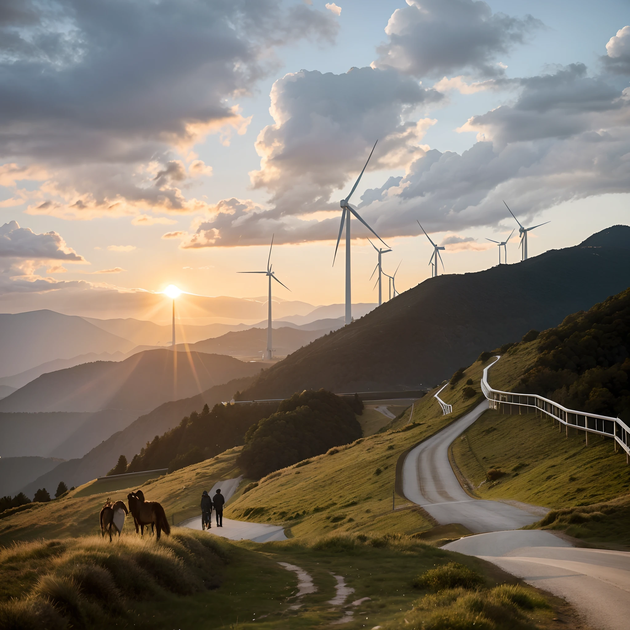 The mountains have a palisade and a path leading to them in Araphis, taken with sony alpha 9, taken with sigma 2 0 mm f 1. 4, Wind turbines, renewable energy, shot with a canon 20mm lens, taken with a Sony A7R camera, late sunset, turbines, taken on iphone 1 3 pro, prime time