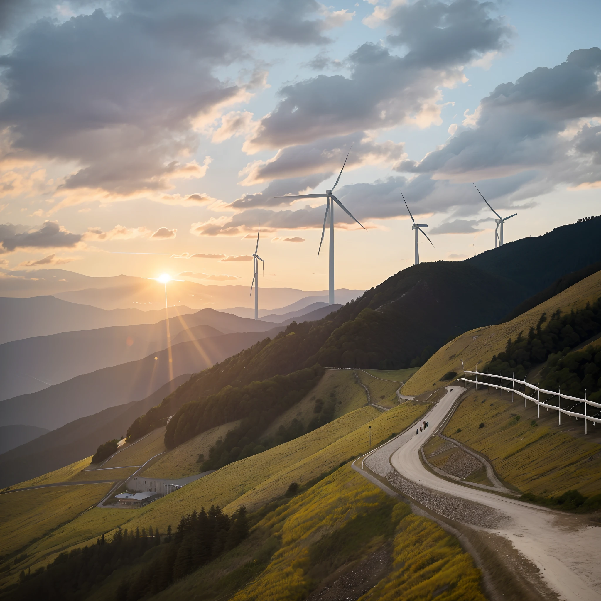 The mountains have a palisade and a path leading to them in Araphis, taken with sony alpha 9, taken with sigma 2 0 mm f 1. 4, Wind turbines, renewable energy, shot with a canon 20mm lens, taken with a Sony A7R camera, late sunset, turbines, taken on iphone 1 3 pro, prime time