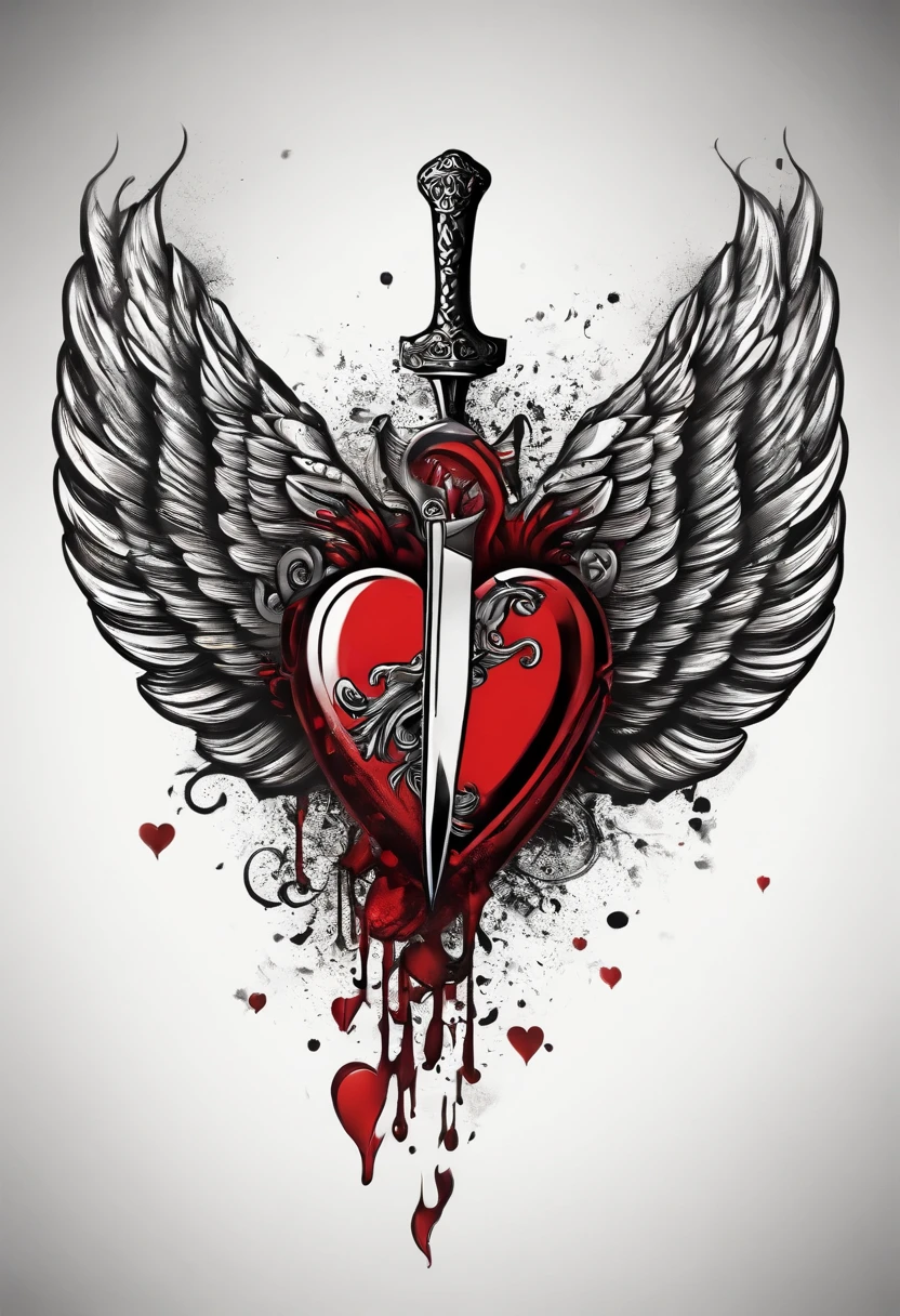 Vintage 70's Cartoon Black and Red Tattoo with a Winged Heart and a Knife Behind Broken Heart, desenhado a nanquim