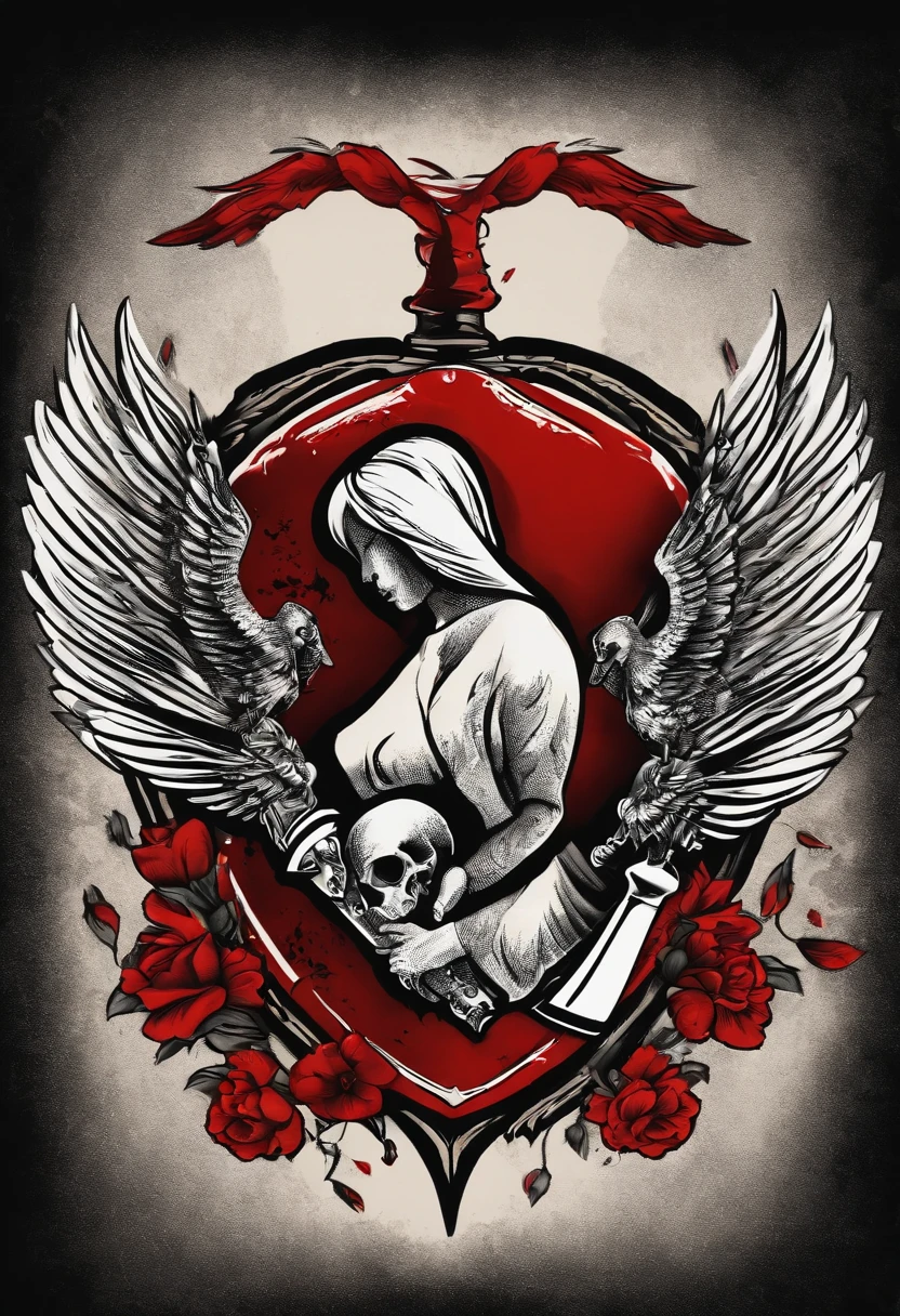 Vintage 70's Cartoon Black and Red Tattoo with a Winged Heart and a Knife Behind Broken Heart, desenhado a nanquim