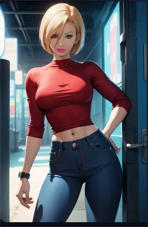blue mary \(the king of fighters 2002\), red shirt top, dark blue jeans, best quality, ultra detailed, 1girl, alone, Standing, big tits