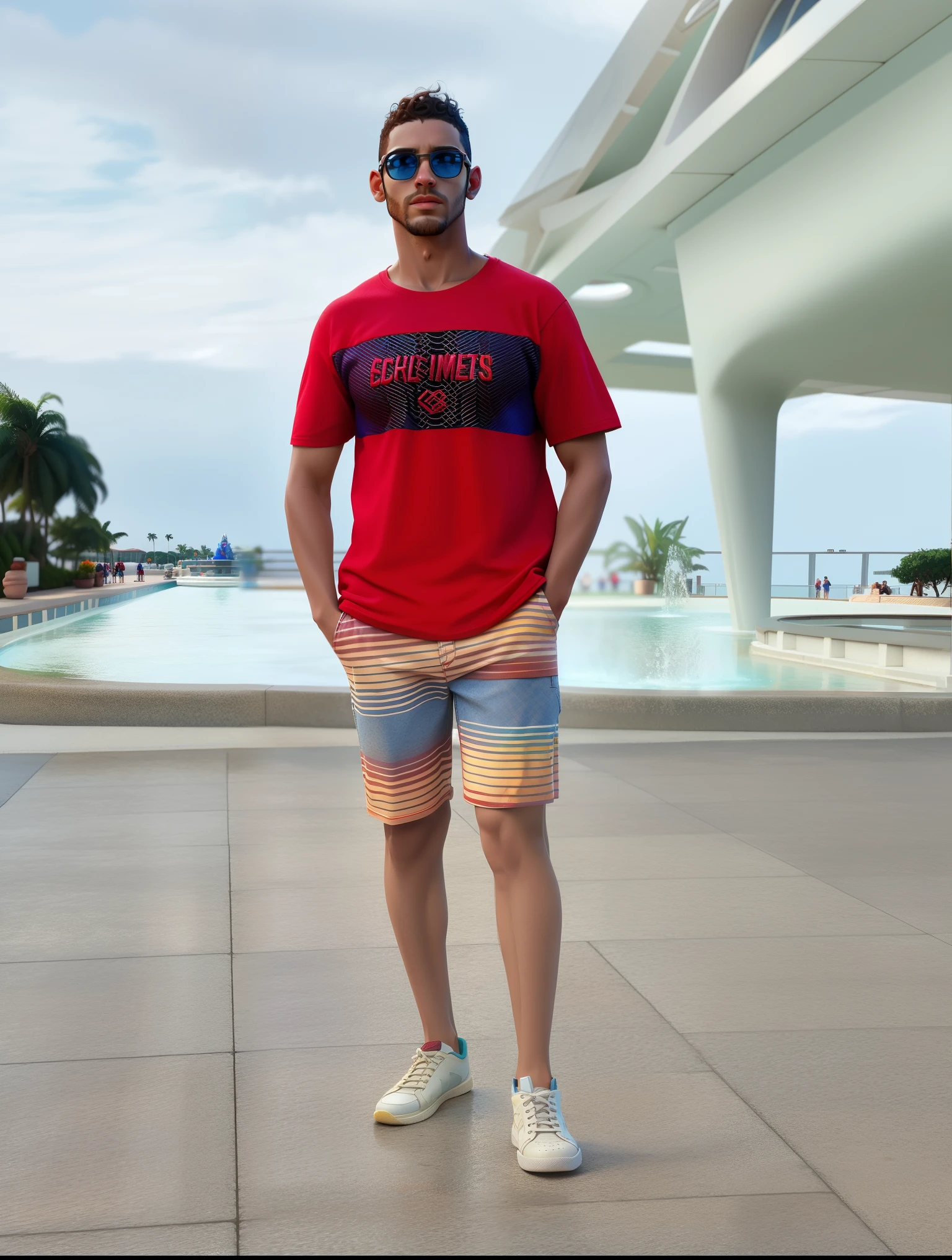 Man in red shirt and blue shorts standing in front of a fountain, caio santos, icaro carvalho, Camilo GC, vestindo shorts vermelhos, vestindo bermuda e camiseta, Carmelo Blandino, colorido com tons vermelhos, pele bronzeada uma camiseta e shorts, cores brilhantes com tons vermelhos, Cores do Miami Heat, andrea rocha
