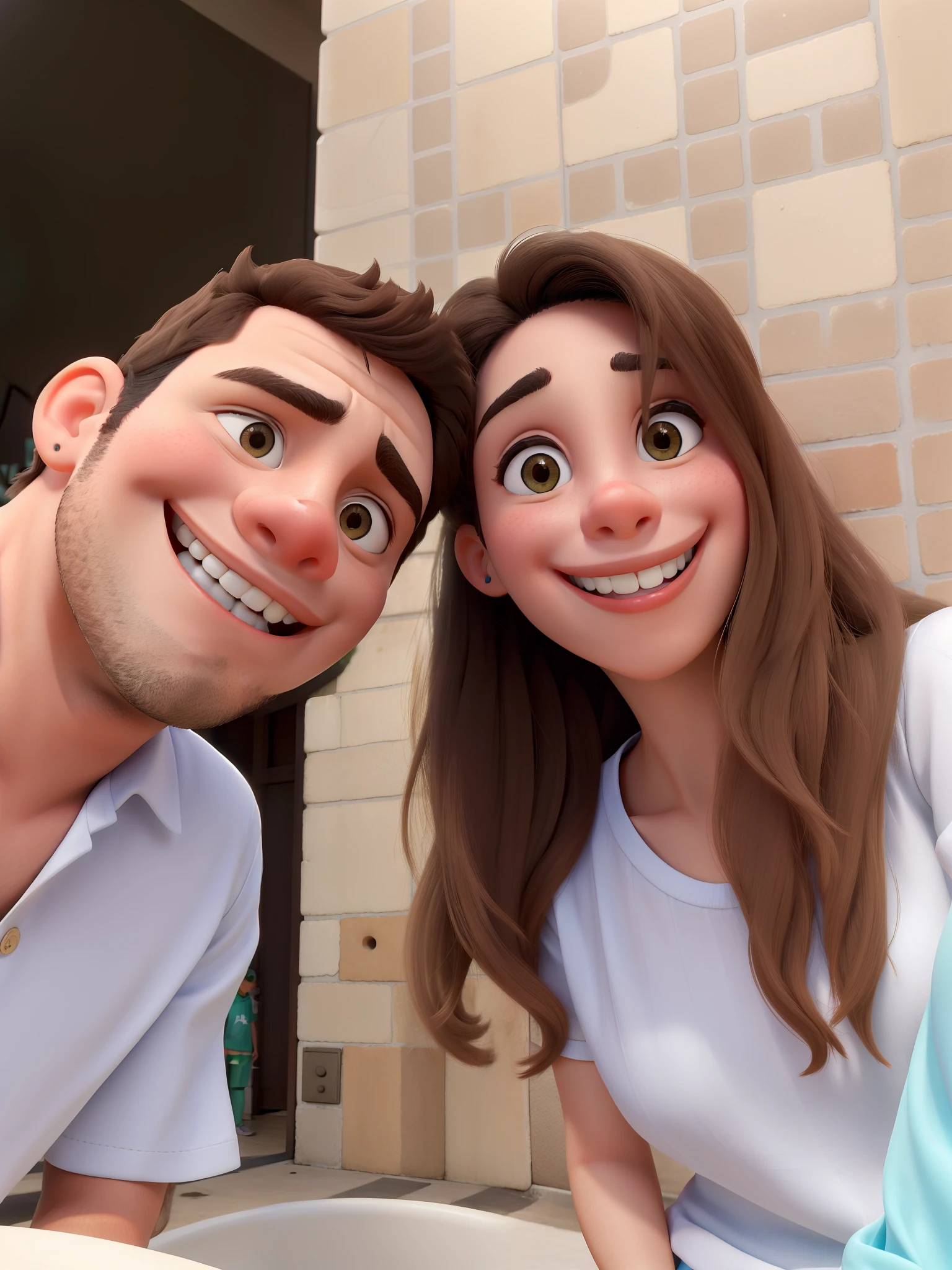Obra prima de melhor qualidade. Um casal jovem e feliz vestidos de branco e sorrindo para a foto
