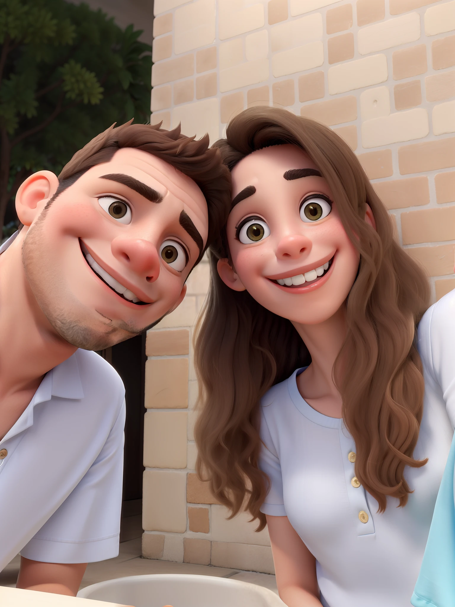 Obra prima de melhor qualidade. Um casal jovem e feliz vestidos de branco e sorrindo para a foto