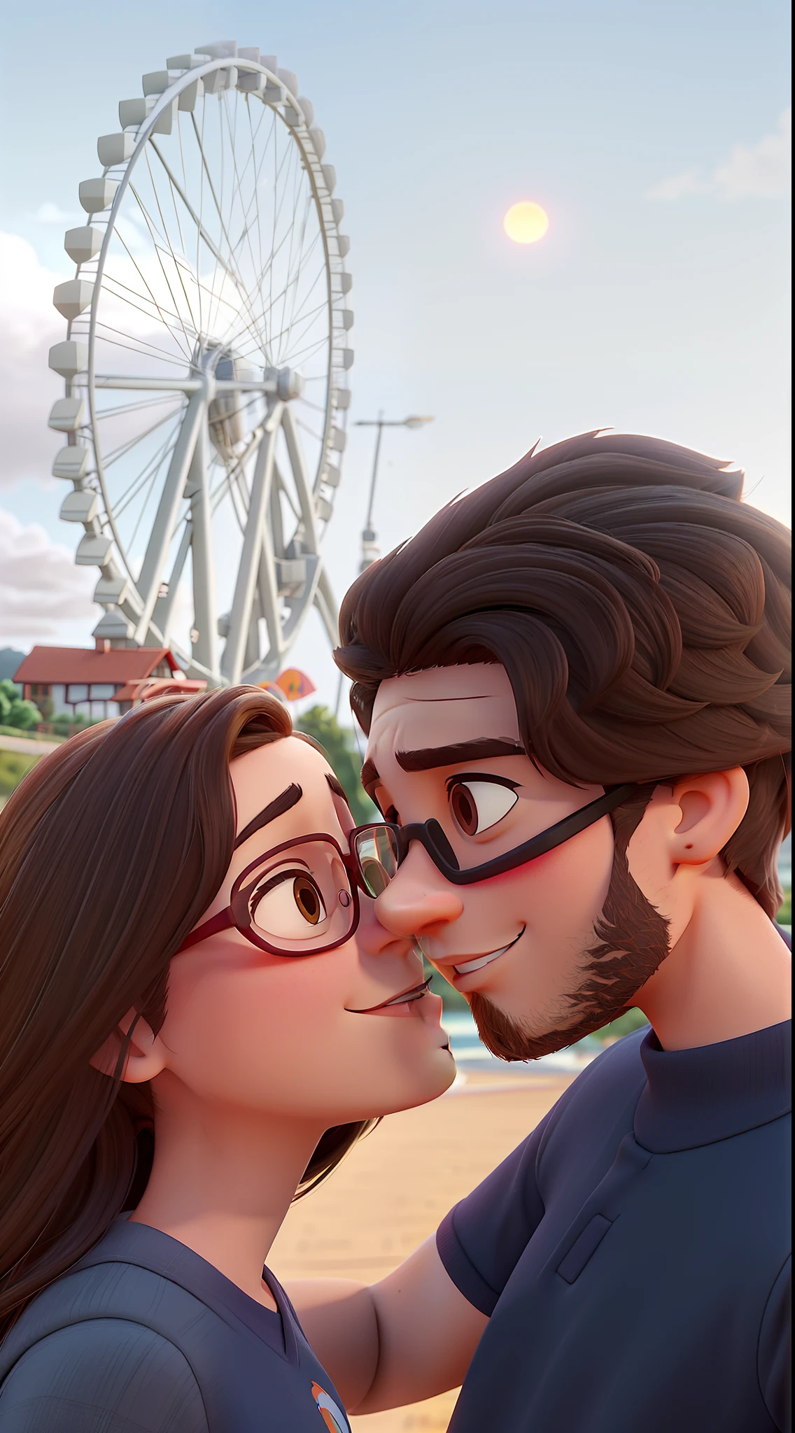 Uma imagem estilo pixar de um casal jovem dando um selinho em frente a uma roda gigante moderna. The sky was orange due to the sunset. the girl is brunette, wears glasses and has long, straight hair. The boy is brunette, wears glasses and has a short beard. Alta qualidade, melhor qualidade.
