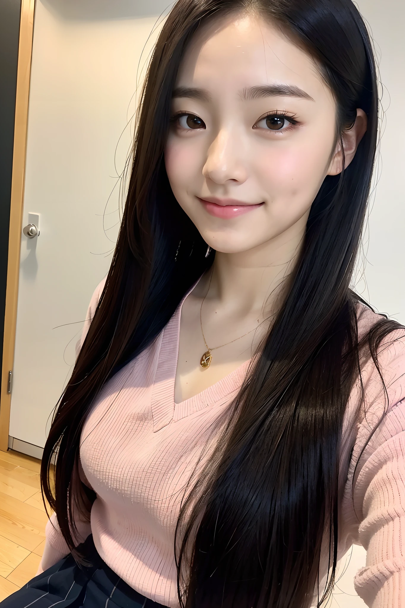 (masutepiece:1.3), (8K, Photorealistic, Raw photo, Best Quality: 1.4), Japanese, (1girl in), Beautiful face, (Realistic face), (Black hair), Beautiful hairstyle, Realistic eyes, Beautiful detailed eyes, (Realistic skin), Beautiful skin, Attractive, 超A high resolution, A hyper-realistic, Highly detailed, Golden ratio,School uniform.)、1girll、cute little、A smile、a closed mouth、Beautiful details、Beautiful nose in every detail、full body Esbian、wetting hair、Colossal Dalsepho、pork meat、student clothes、thighs thighs thighs thighs