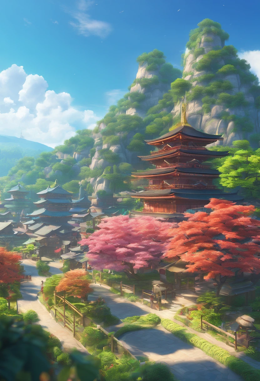 Beautiful sanctuary landscape, Cereja, Pinheiros, arte de fundo do anime, Art style of Japan, bela cena de anime, detailed scenery - width 672, Arte de fundo, Paisagem do anime, Fundo do anime, beautiful anime scenery, bela cena de paz em anime, arte de paisagem, Japan Village, arte conceitual de paisagem anime, 8k))