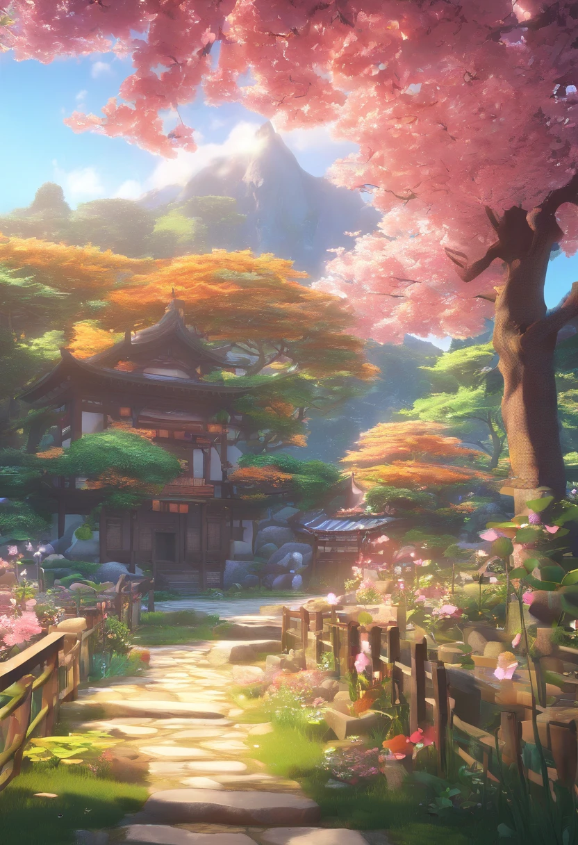 Beautiful sanctuary landscape, Cereja, Pinheiros, arte de fundo do anime, Art style of Japan, bela cena de anime, detailed scenery - width 672, Arte de fundo, Paisagem do anime, Fundo do anime, beautiful anime scenery, bela cena de paz em anime, arte de paisagem, Japan Village, arte conceitual de paisagem anime, 8k))