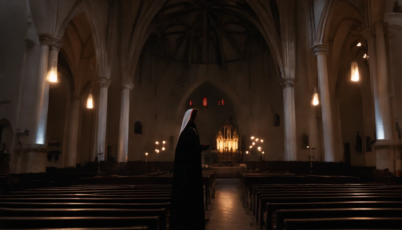 Arafed image of a nun standing in a church with candles - SeaArt AI