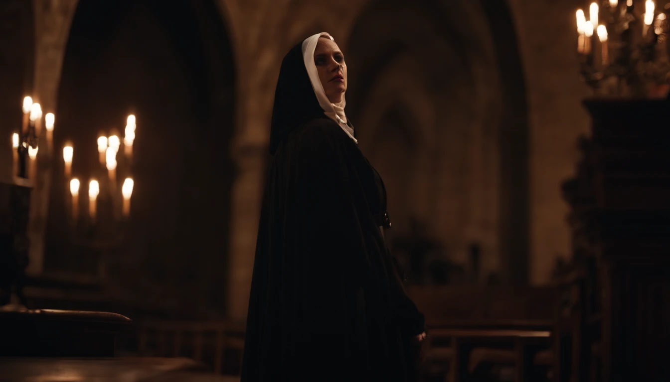 .RAW, analogue) (Gothic nun huge chest), Set in the 1990s, maquillaje surrealista, Leather clothes inside a Gothic church at night, Neon lights, muy oscuro, horror, tonos rojos, caos, siniestro, Detalles altos, ultra realista, Sonya7III, cinematic lighting, movie, grano, Caras UHD, volumetric shadow, Stunningly Detailed,