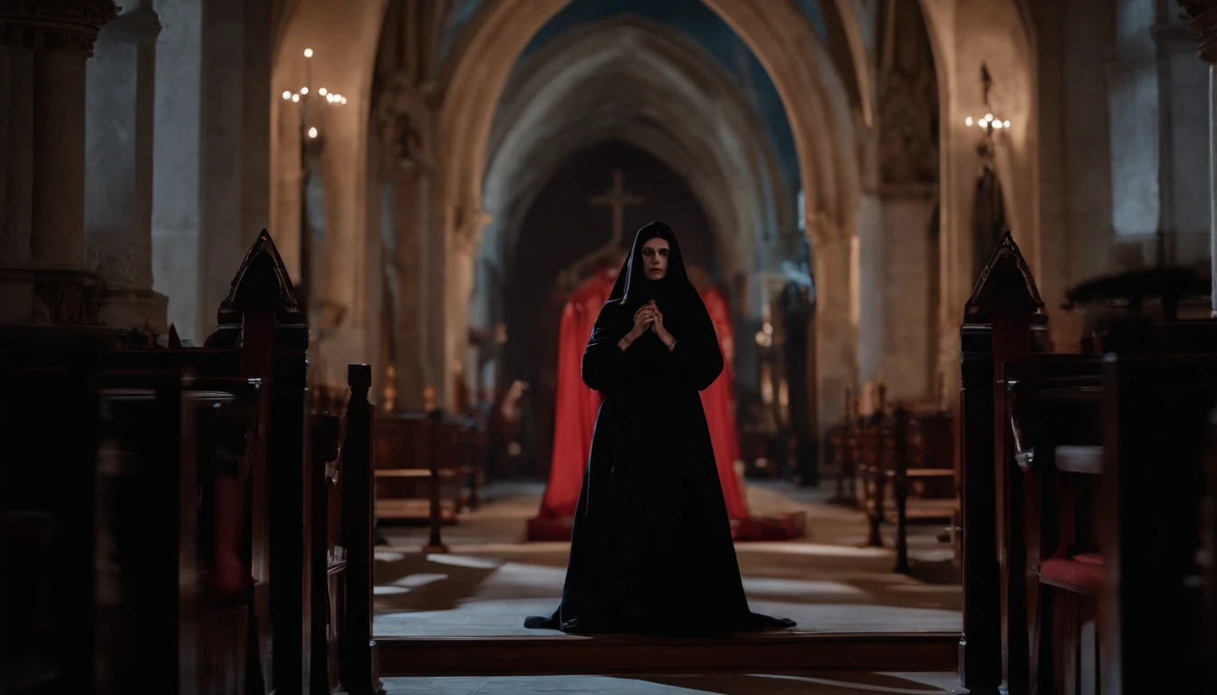 A woman in a black dress standing in a church - SeaArt AI