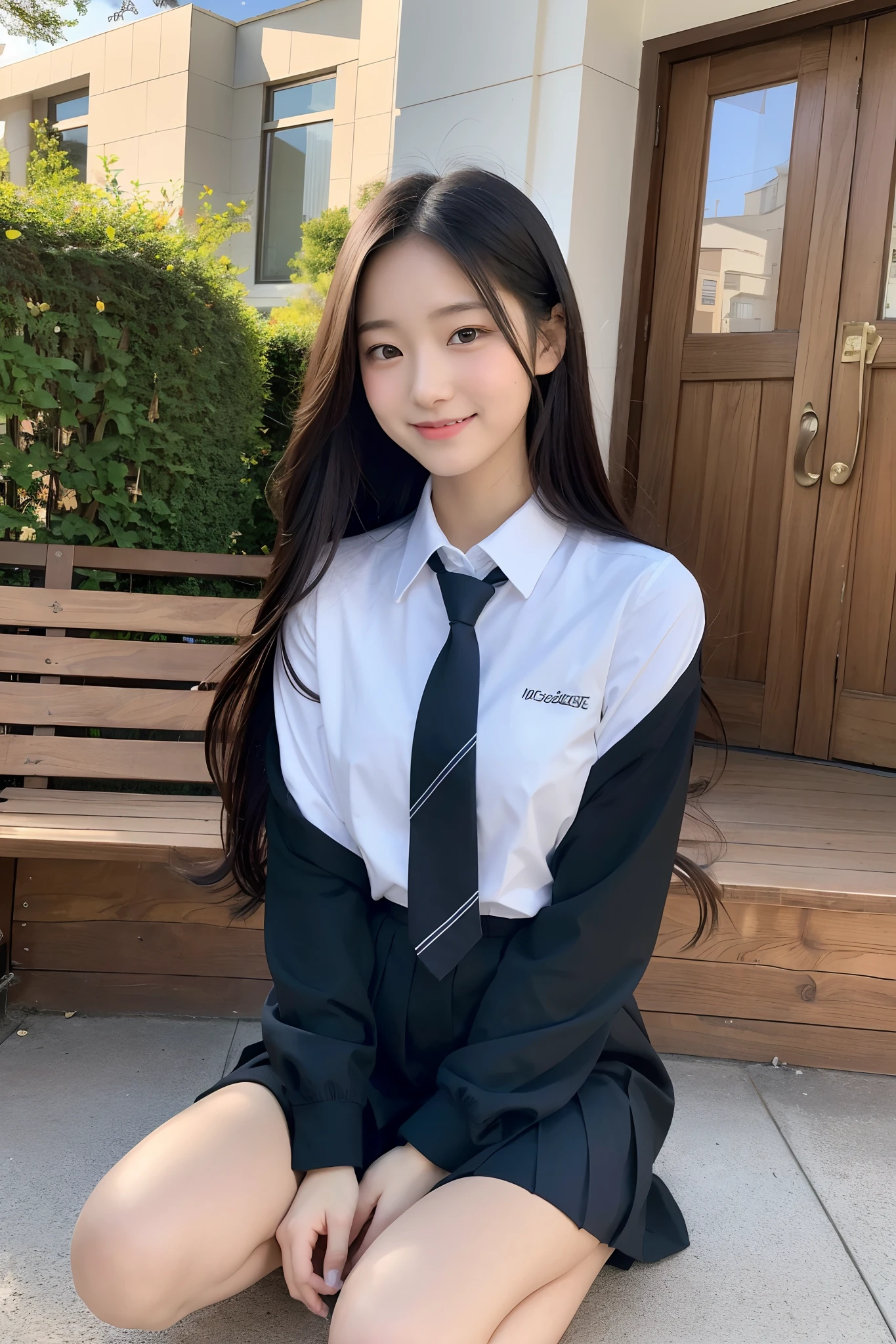 (masutepiece:1.3), (8K, Photorealistic, Raw photo, Best Quality: 1.4), Japanese, (1girl in), Beautiful face, (Realistic face), (Black hair), Beautiful hairstyle, Realistic eyes, Beautiful detailed eyes, (Realistic skin), Beautiful skin, Attractive, 超A high resolution, A hyper-realistic, Highly detailed, Golden ratio,School uniform.)、1girll、cute little、A smile、a closed mouth、Beautiful details、Beautiful nose in every detail、full body Esbian、wetting hair、Colossal Dalsepho、pork meat、student clothes、thighs thighs thighs thighs