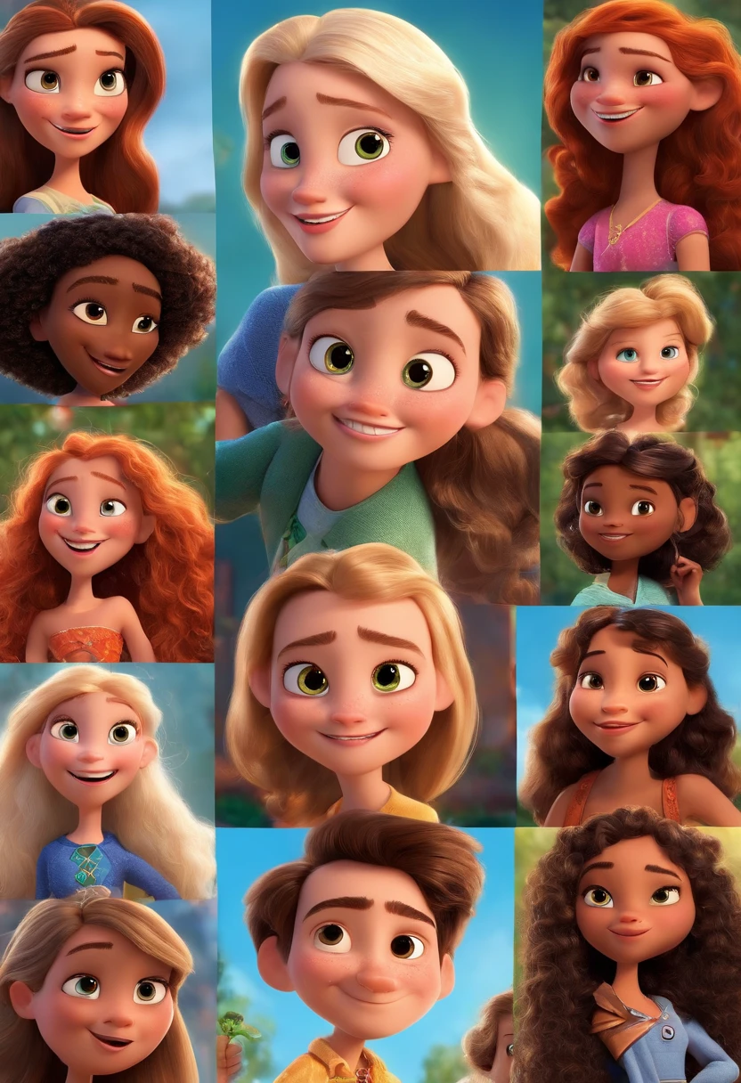 A Disney Pixar-inspired movie poster featuring a white woman with long blonde straight hair, olhos castanhos, uma jovem branca de 17 anos com cabelos escuros e olhos verdes, uma menina branca de 15anos com longos cabelos castanhos lisos. A cena deve ser no estilo de arte digital distinto da Pixar, with a focus on character expressions, Vibrant colors and detailed texture that are characteristic of his animations