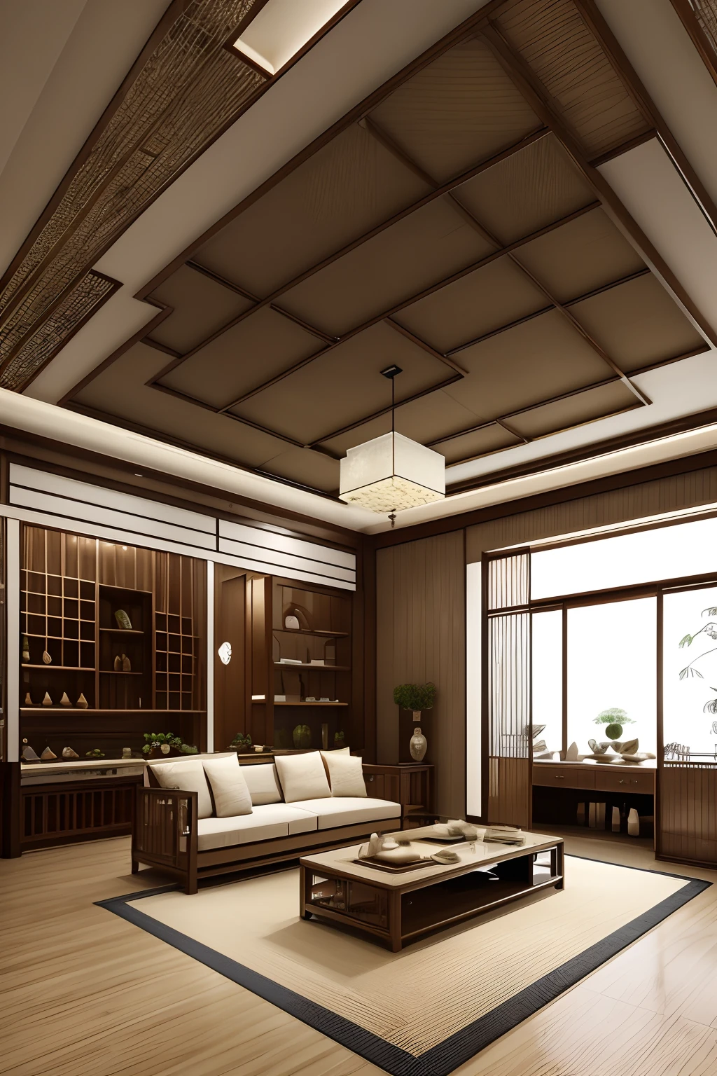 A 60 square metre commercial tea house，There is a tea sales area、Cash register，On both sides are display cases for goods，Plain and elegant Chinese style，Bamboo material，Bamboo display case，Reinvent the bamboo and wood fiber flooring，White space，Original natural style