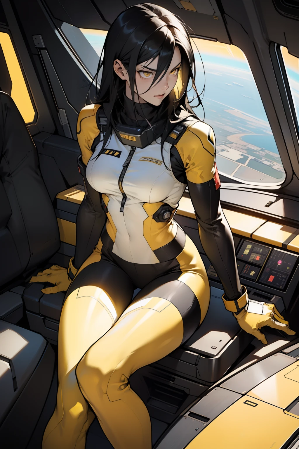 1 girl, black hair, yellow eyes, very long hair, pale skin, fit body, slender body, slim waist, large breasts, (confident expression), pilot suit, thigh gap, bare thighs, sleeveless, show bare legs, fit thighs, sitting in a cockpit of a spacecraft, view from the floor